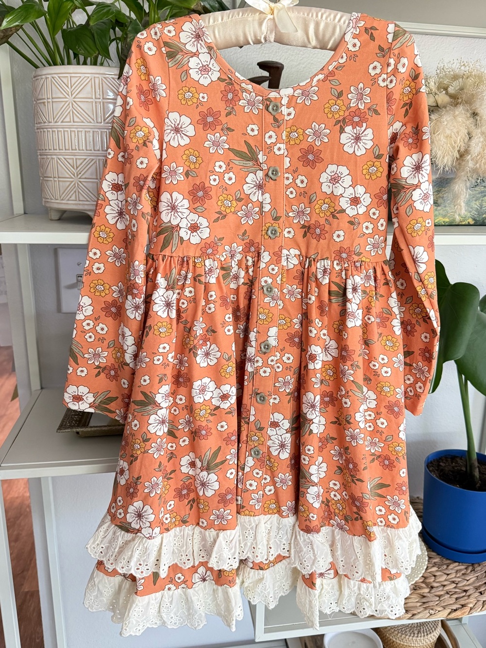 Matilda Jane Peach Floral Button-Front Dress with Lace Trim